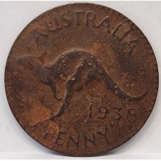 AUSTRALIA 1938 . ONE 1 PENNY . ERROR . FAULTY PLANCHET